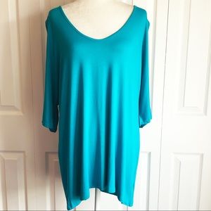 NWT Allegrace Turquoise Blue Stretch Knit Split Sleeve Tee 1X